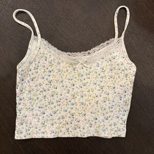 Brandy Melville Blue Floral Lace Ribbed Tank Top